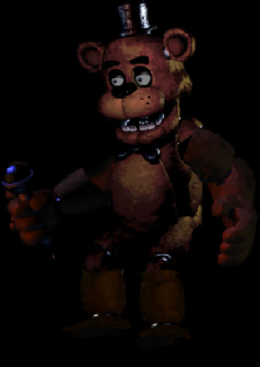 FNAF 弗雷迪·法茲貝爾暗色背景 壁紙 — 一隻磨損的棕色機械熊，戴著高帽和領結，在黑暗中拿著麥克風，威嚇地站立。