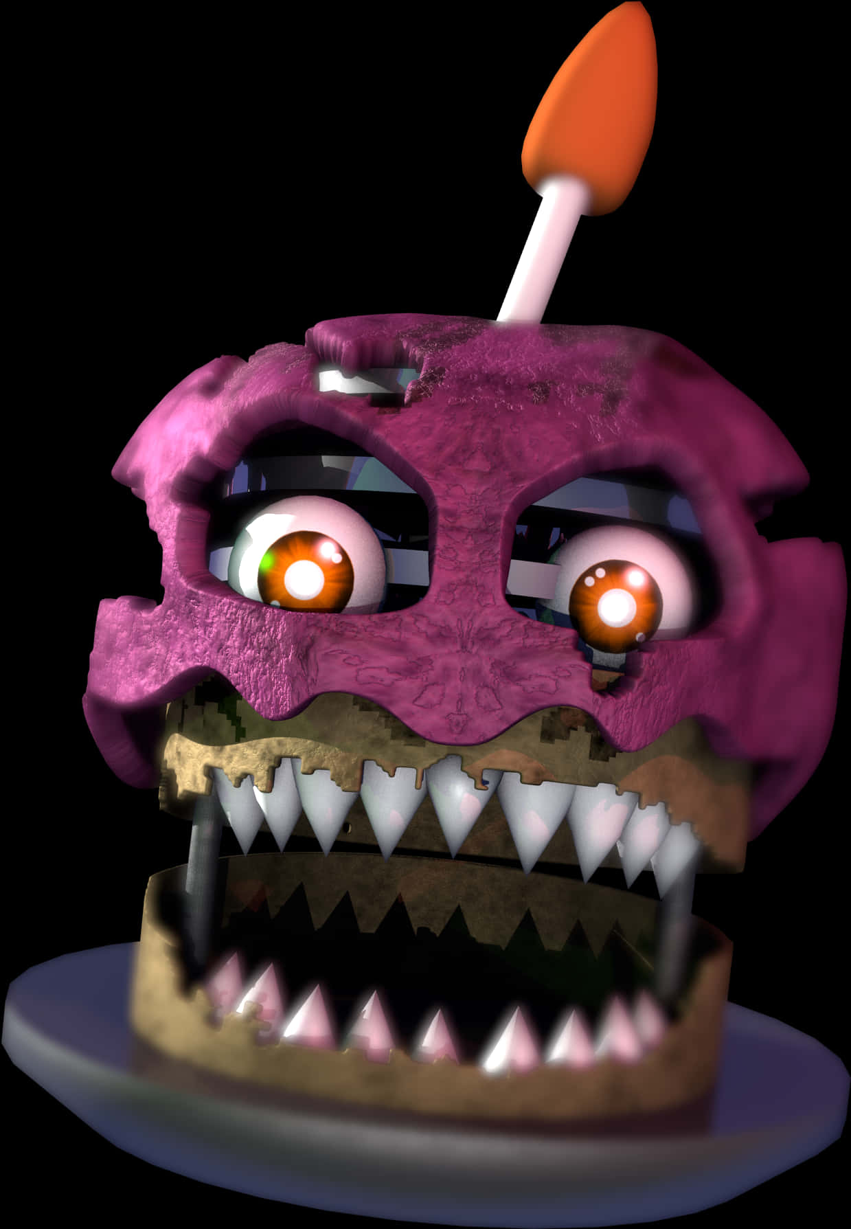FNAF邦妮蛋糕頂飾 壁紙 — 一個帶有發光眼睛和尖銳牙齒的威脅性紫色蛋糕怪物，坐在一個有橙色蠟燭的盤子上。