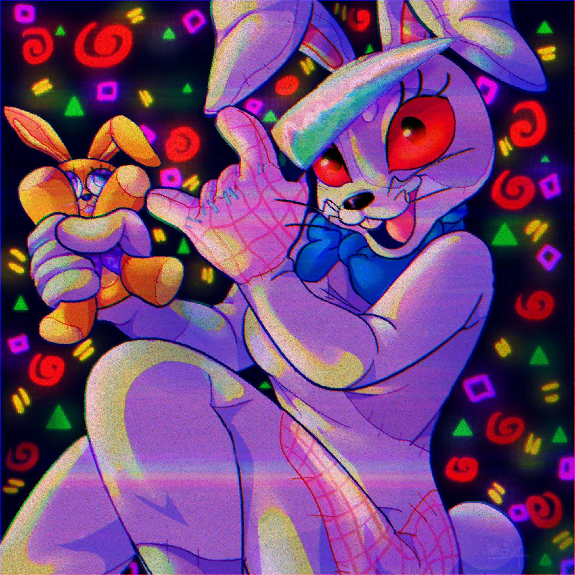 FNAF安全漏洞遊戲：喬西抱毛絨兔子同人畫背景 壁紙 — 一隻風格化的紫色兔子，紅色眼睛，抱著一隻較小的橙色兔子，背景是充滿活力的霓虹圖案。