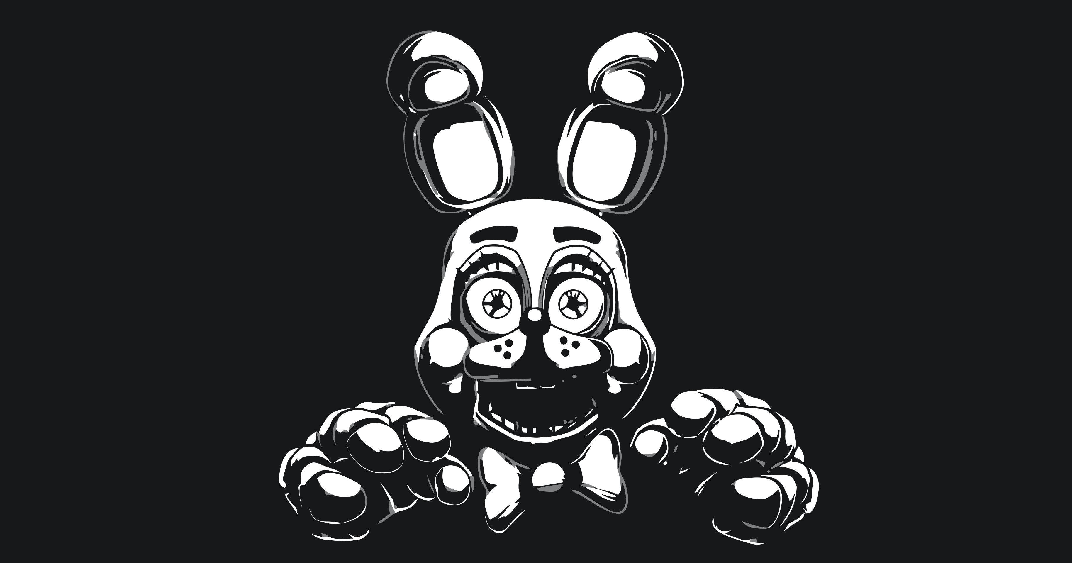 與 FNAF Bonnie 共度驚悚之夜 壁紙 — 一個風格化的黑白插圖，描繪一隻從黑暗中出現、具有大眼睛和利爪的威脅性兔子吉祥物。