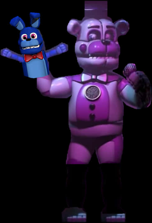 FNAF_ Bonnie與Funtime Freddy 壁紙 — 一隻帶有威脅性的紫色機械熊在黑色背景前抱著一隻較小的藍色機械兔。