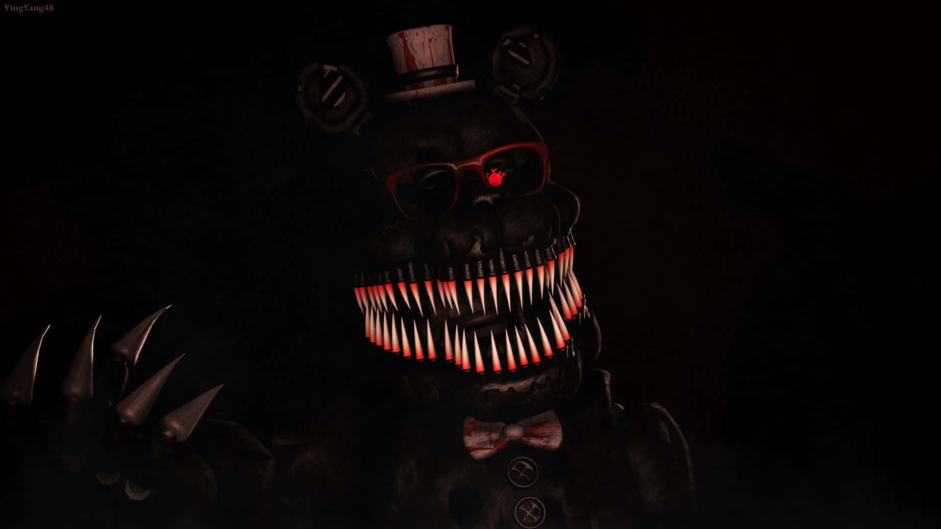 《FNAF》中與噩夢機械人的激烈遭遇 壁紙 — 一隻帶有發光紅眼、尖牙和利爪的威脅性電子熊，戴著高帽、領結和眼鏡，從黑暗中出現。