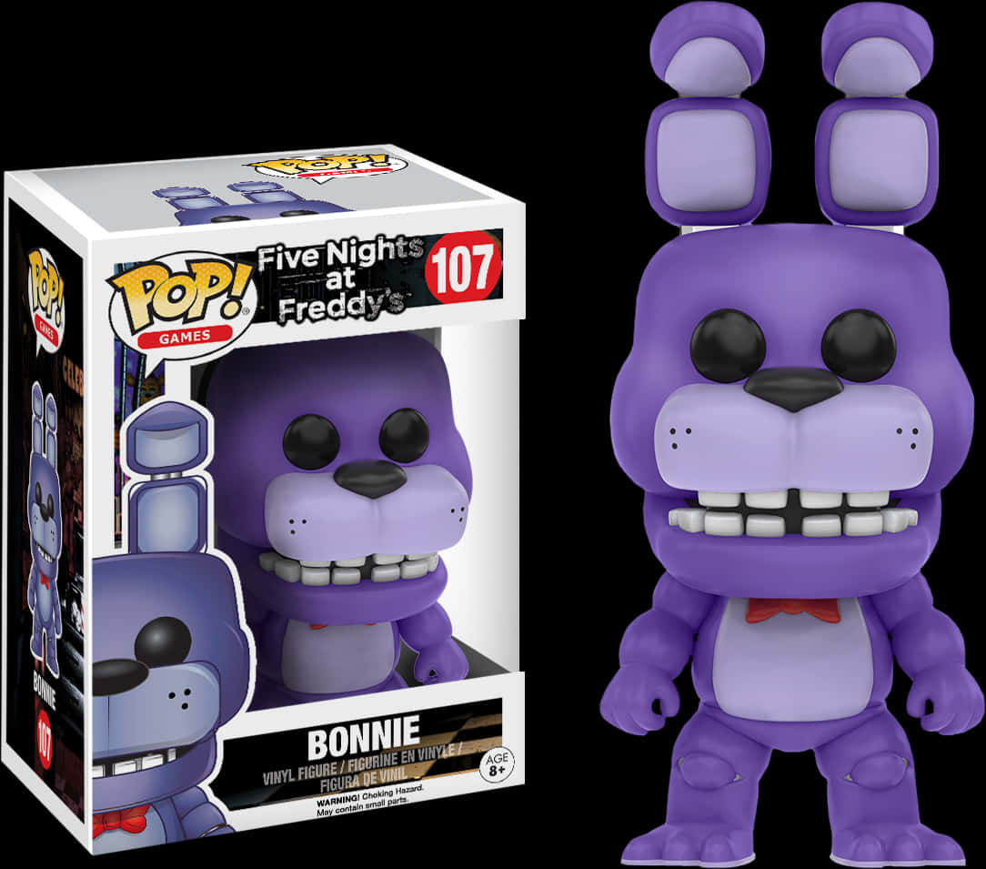 FNAF邦妮 Funko Pop 人偶107號 壁紙 — 一個紫色的 Funko Pop! Bonnie 來自《Five Nights at Freddy's》的乙烯基公仔，站在黑色背景前的盒裝包裝旁邊。