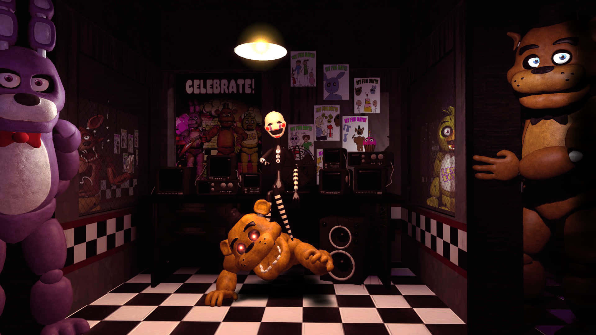 FNAF Help Wanted 鬼魅圖片 壁紙 — 一個燈光昏暗、充滿電子動畫的房間，棋盤格地板和發光的天花板燈投射出詭異的陰影。