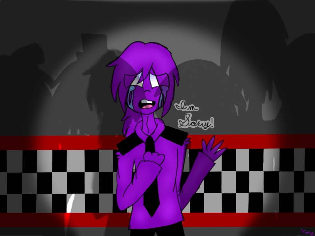 FNAF 紫色男孩哭泣 壁紙 — 一個紫色頭髮的動漫角色，流著淚，表情痛苦，站在聚光燈下，背景是格子圖案。