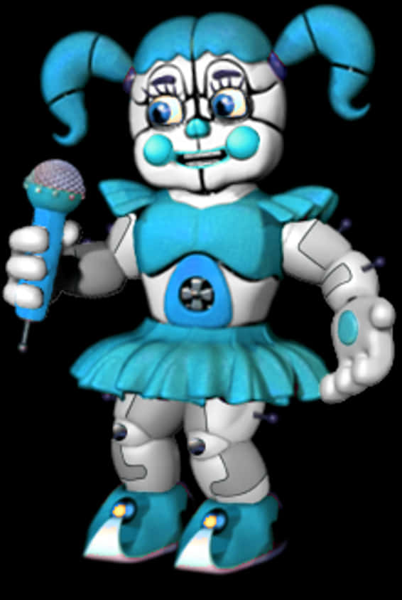 FNAF馬戲團嬰兒機器人 壁紙 — 一個藍白相間的機械女孩紮著辮子，在黑色背景前拿著麥克風。