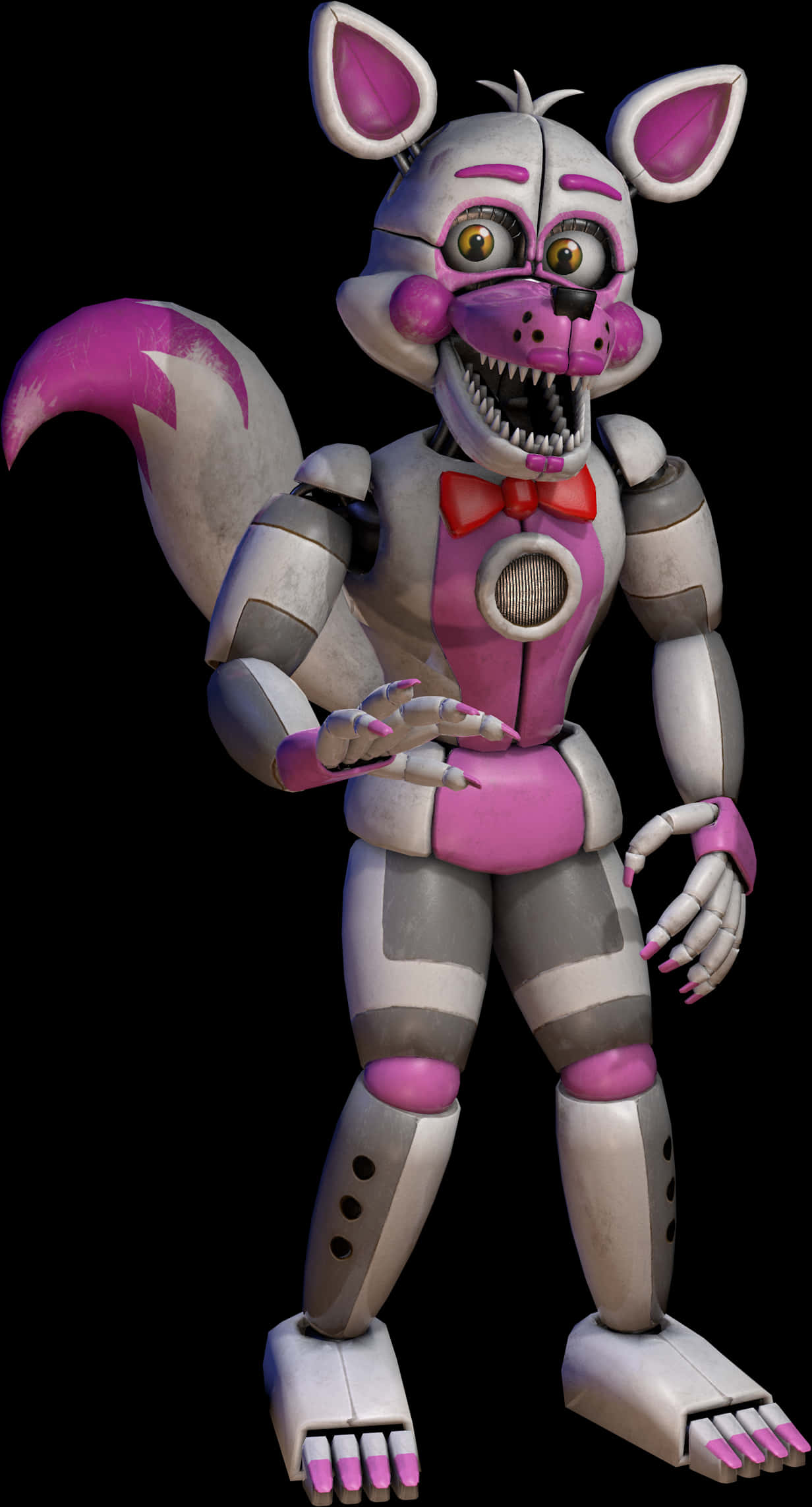 FNAF 樂趣福克斯 壁紙 — 一個帶有粉紅色點綴和尖牙的威脅性機械狐狸電子動畫站在黑色背景前。