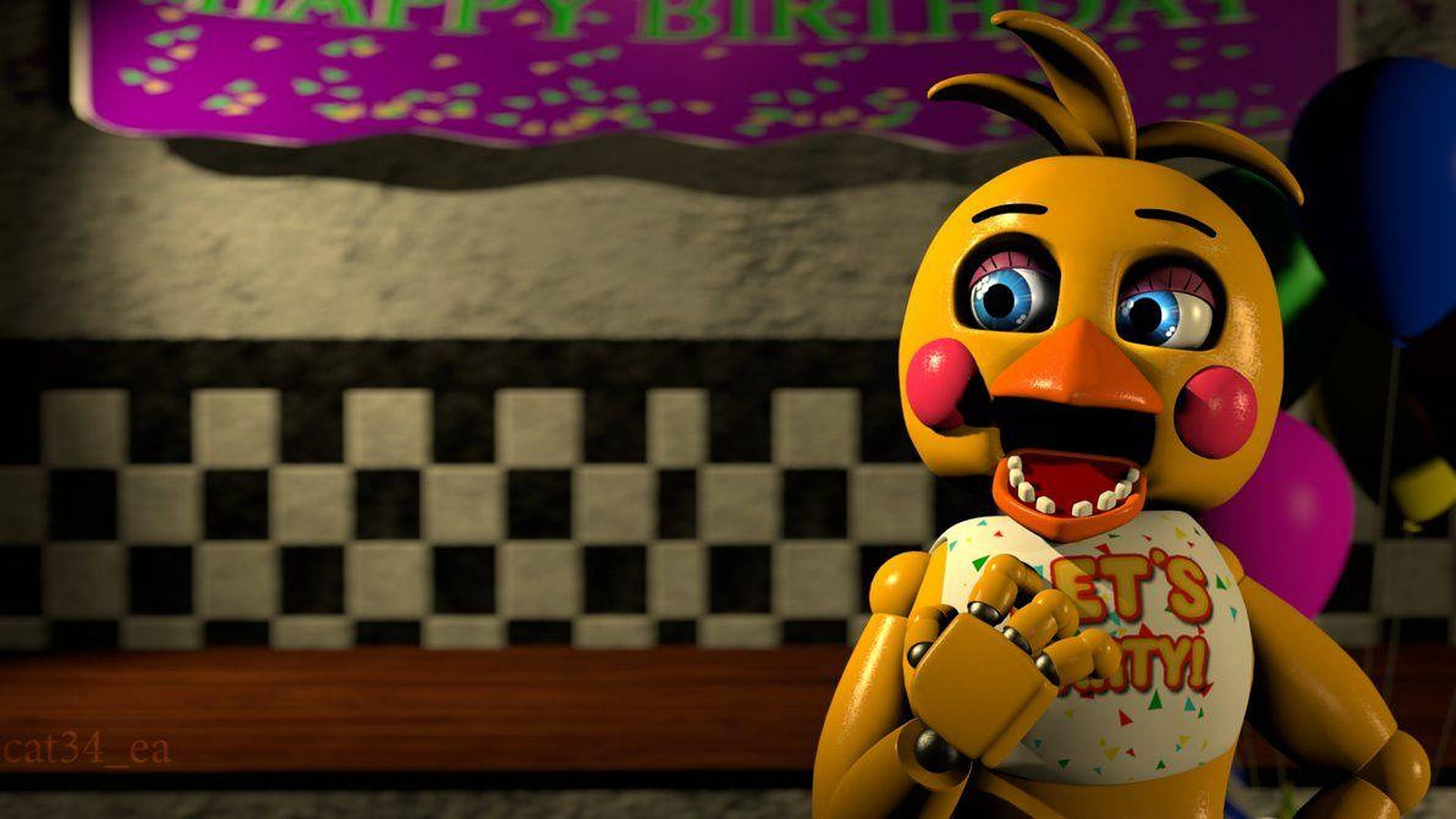 開心的 FNAF 小雞 壁紙 — 一隻黃色電子雞，有著大大的藍色眼睛，穿著派對襯衫，在光線昏暗的房間裡微笑，房間有格子牆壁和生日裝飾。