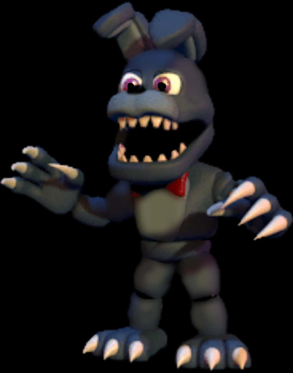 FNAF 布尼動畫機器人 壁紙 — 一隻具有威脅性的3D渲染電子兔，擁有鋒利的爪子和發光的眼睛，背景為黑色。