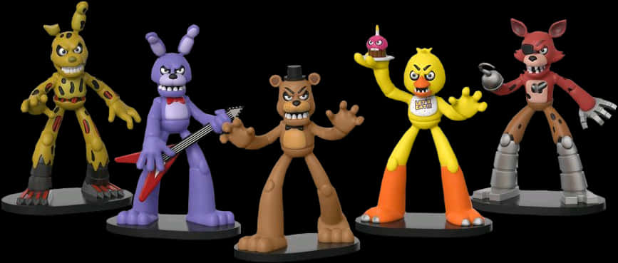 FNaF 系列角色模型 壁紙 — Five Nights at Freddy's 中的五個電子動畫角色在黑色背景下威嚇地站立。