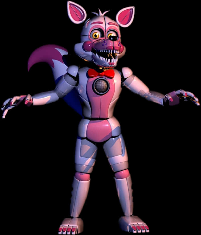 FNAF_動態機械人_歡樂時光_狐狸 壁紙 — 一隻帶有尖牙和發光眼睛的威脅性電子動畫狐狸站在黑色背景前。