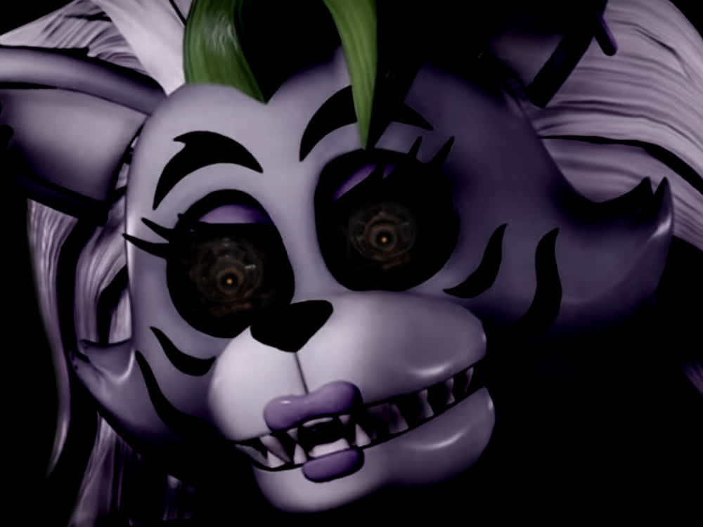 FNAF Roxanne Wolf 鬼魅圖片 壁紙 — 近距離拍攝一隻在黑暗中帶有鋒利牙齒和發光眼睛的紫色機械老虎，氣勢洶洶。