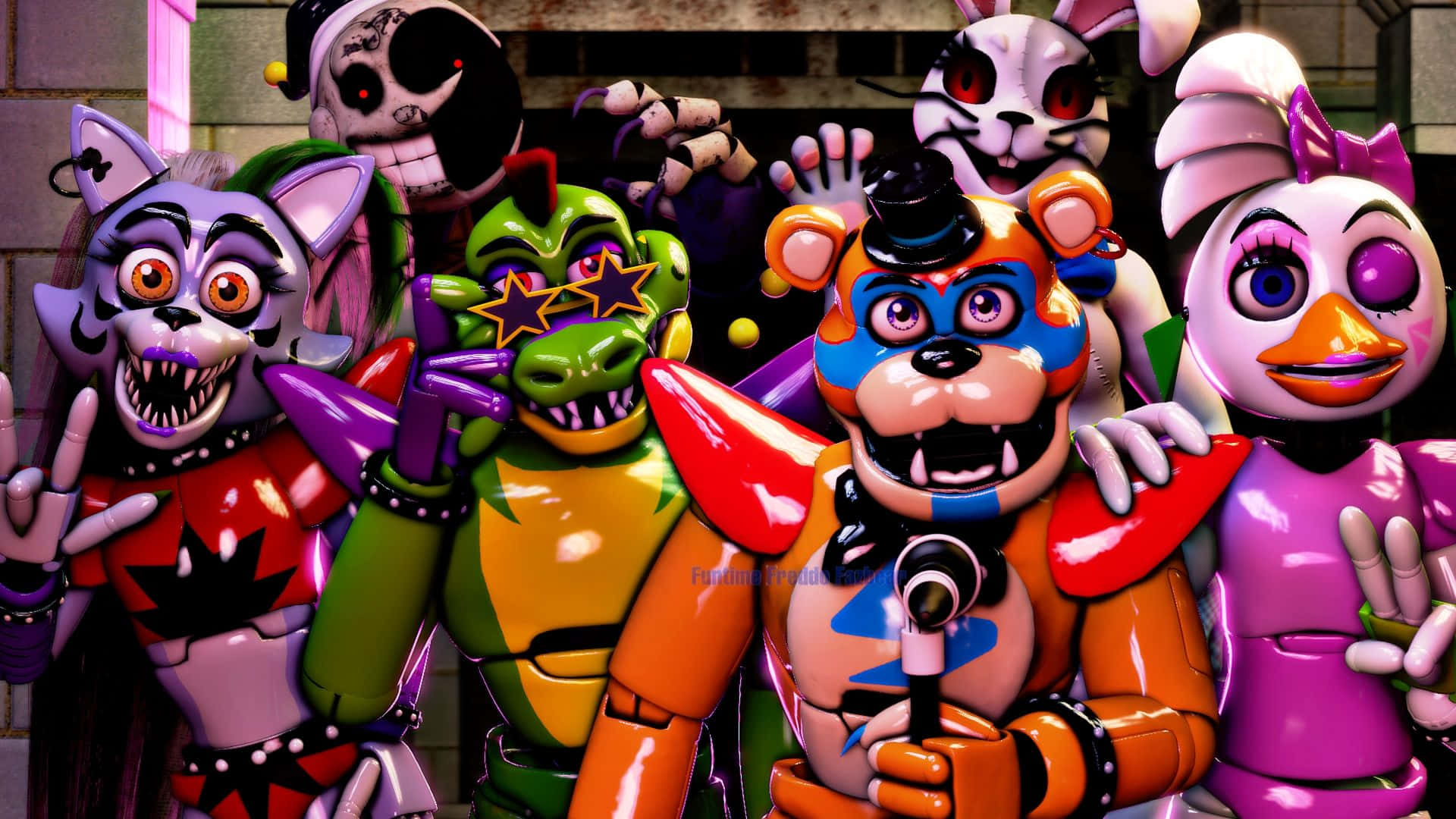 一群來自《Five Nights at Freddy's》色彩繽紛的電子動畫角色一起擺姿勢。