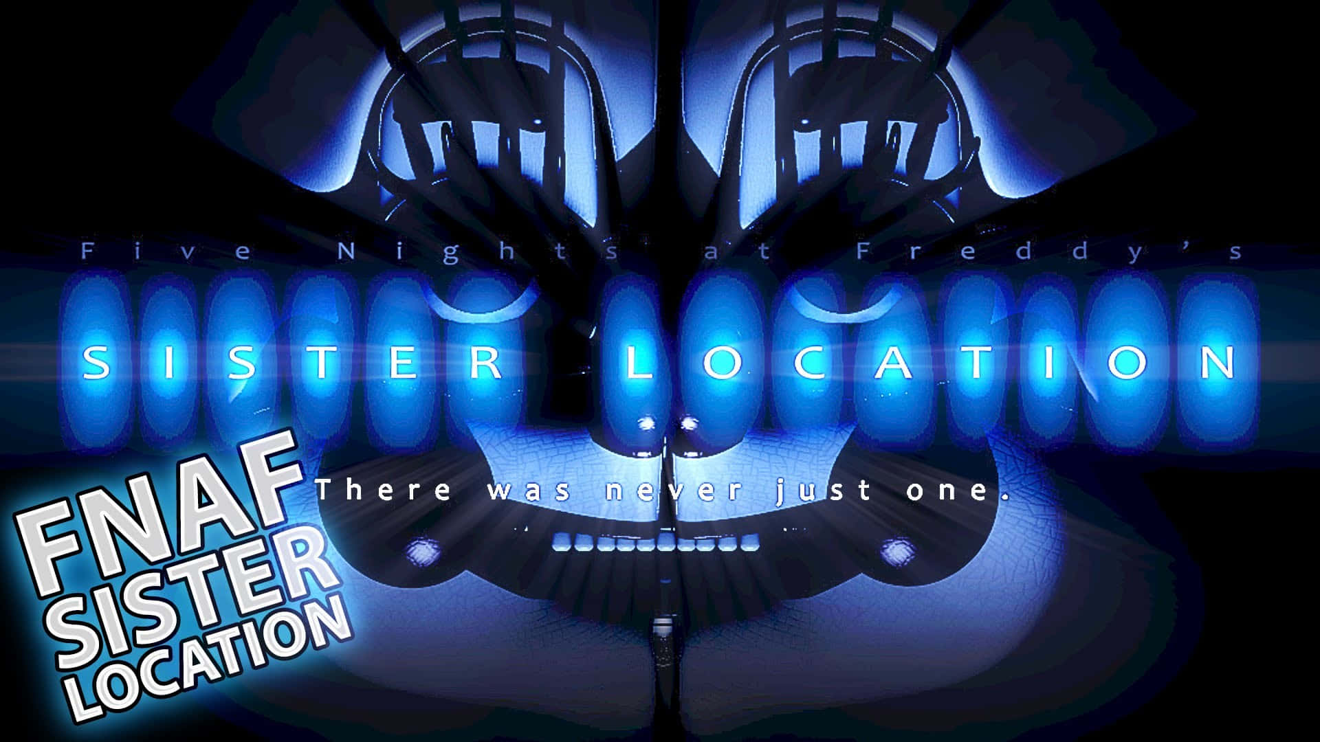 《FNaF Sister Location》- 機械人偶冒險即將展開 壁紙 — 一個帶有發光眼睛和牙齒的威脅性藍色發光機械人臉孔，形成了「Five Nights at Freddy's Sister Location」文字的背景。