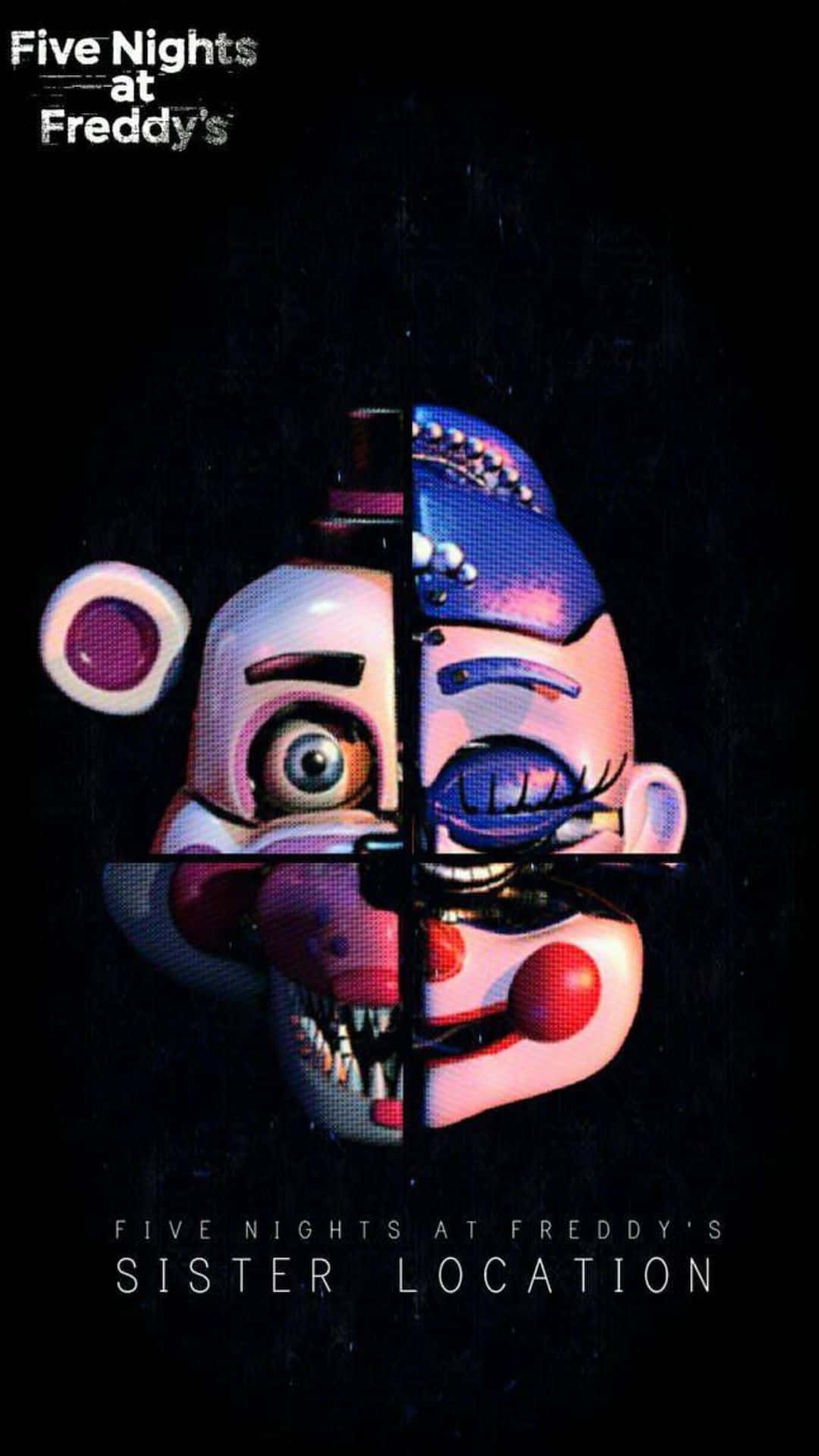 《FNAF Sister Location》中的Circus Baby與Funtime Freddy 壁紙 — 一個分裂面孔的電子動畫，一側是小丑，另一側是玩偶，兩者都在黑色背景下帶有威脅的表情。