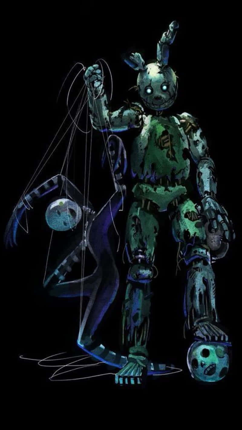 FNAF Springtrap 鬼魅圖片 壁紙 — 一隻帶有發光眼睛和木偶線的綠色恐怖機械兔，在黑色背景前拿著一個被斬首的頭顱。