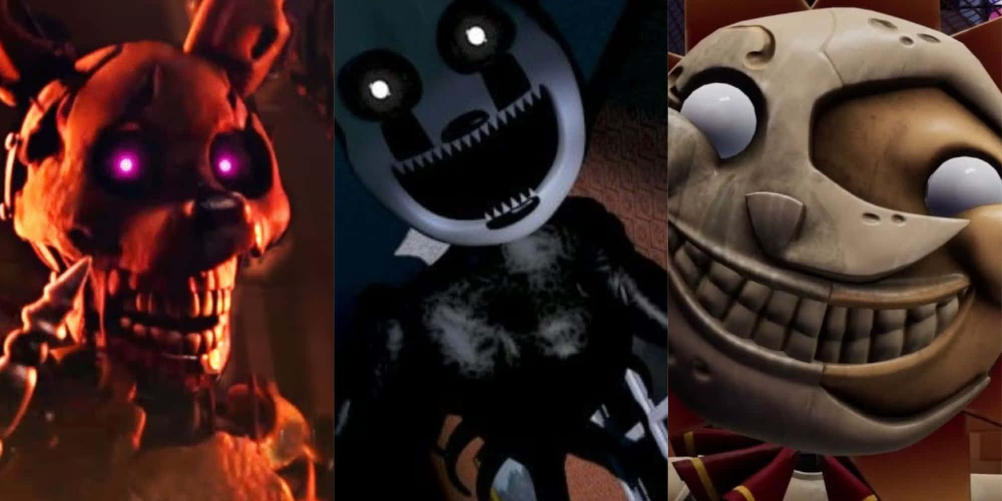 FNAF The Glitched Attraction 鬼魅圖片 壁紙 — 三個帶有發光眼睛和怪異笑容的威脅性電子動畫角色，處於昏暗環境中。