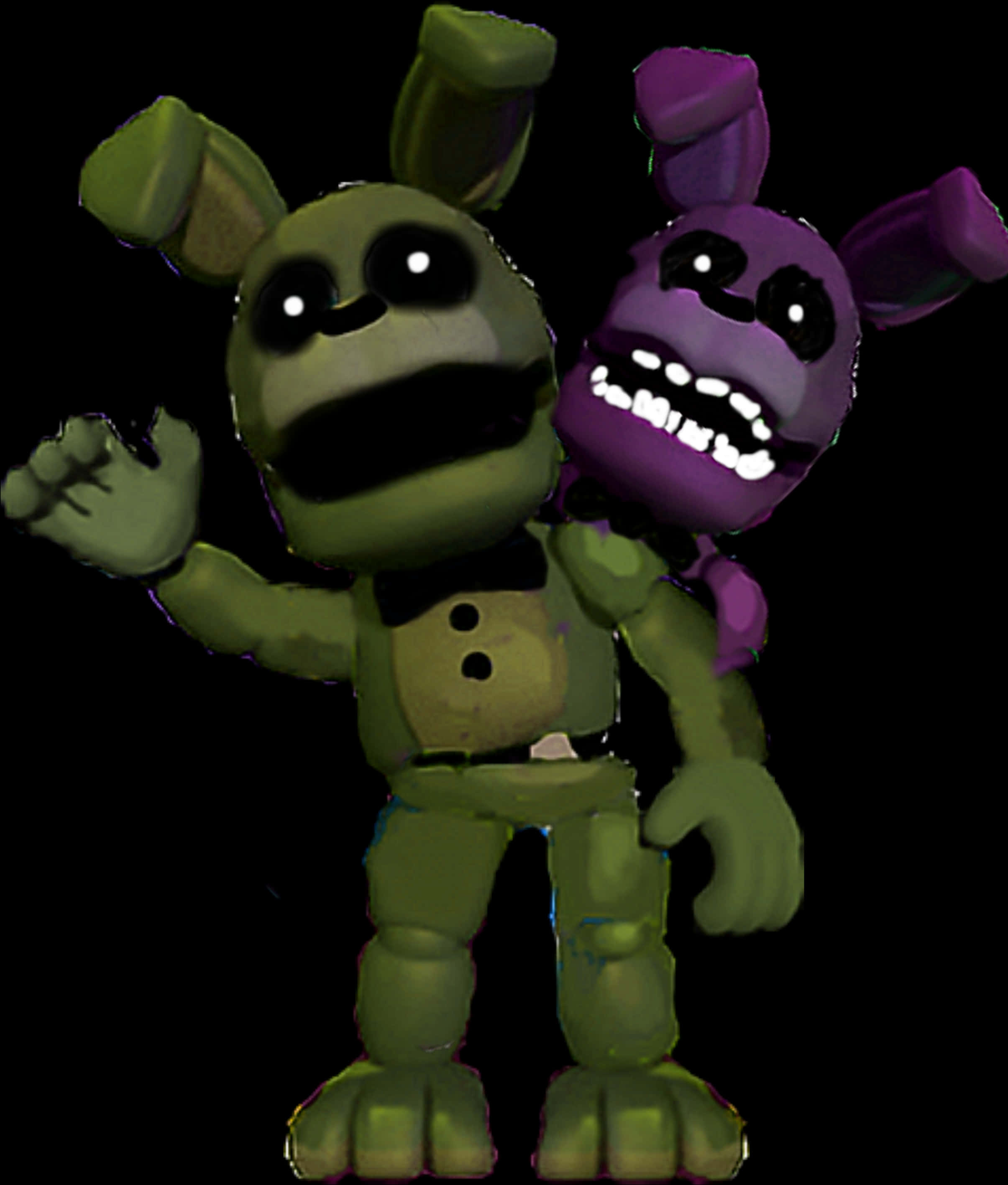 FNAF動畫邦妮與佛萊迪 壁紙 — 兩隻破舊的電子兔，一綠一紫，站在黑色背景前，眼睛發光，牙齒鋒利。