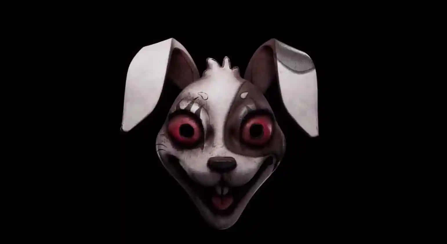 FNAF Vanny 壁紙 — 一個令人不安的卡通狗面具，帶有發光的紅色眼睛和邪惡的笑容，背景為黑色。