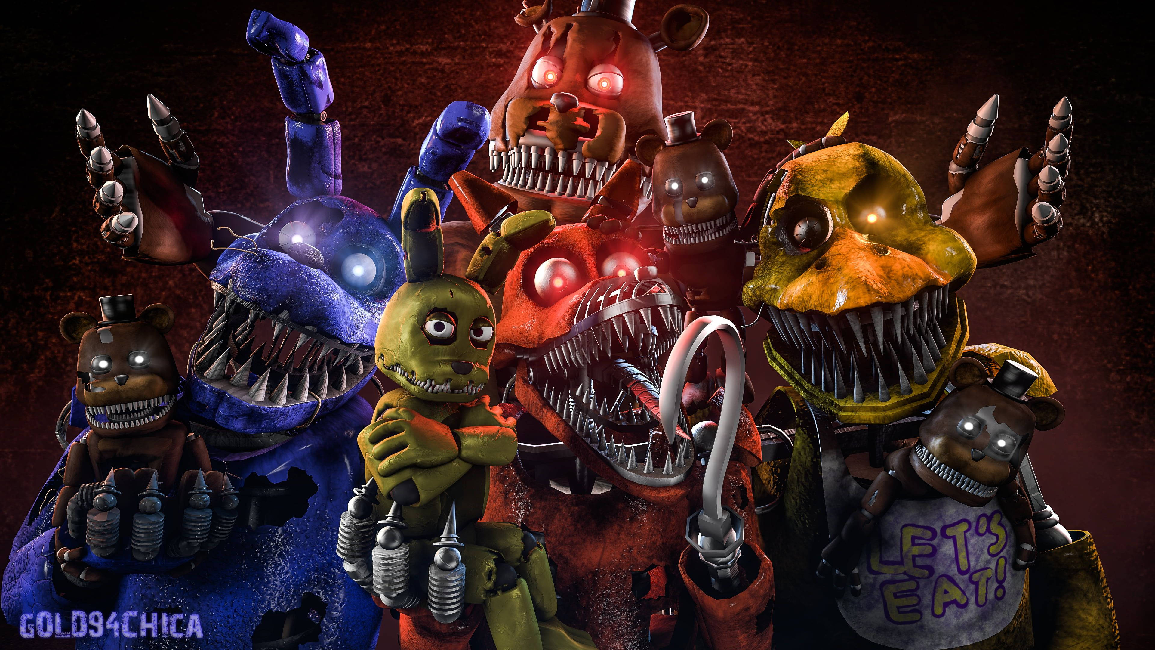 《五夜驚魂：安全漏洞》FNAF怪物 壁紙 — 一群帶有發光眼睛和尖銳牙齒的威脅性電子動畫角色，在深紅色背景前擺姿勢。