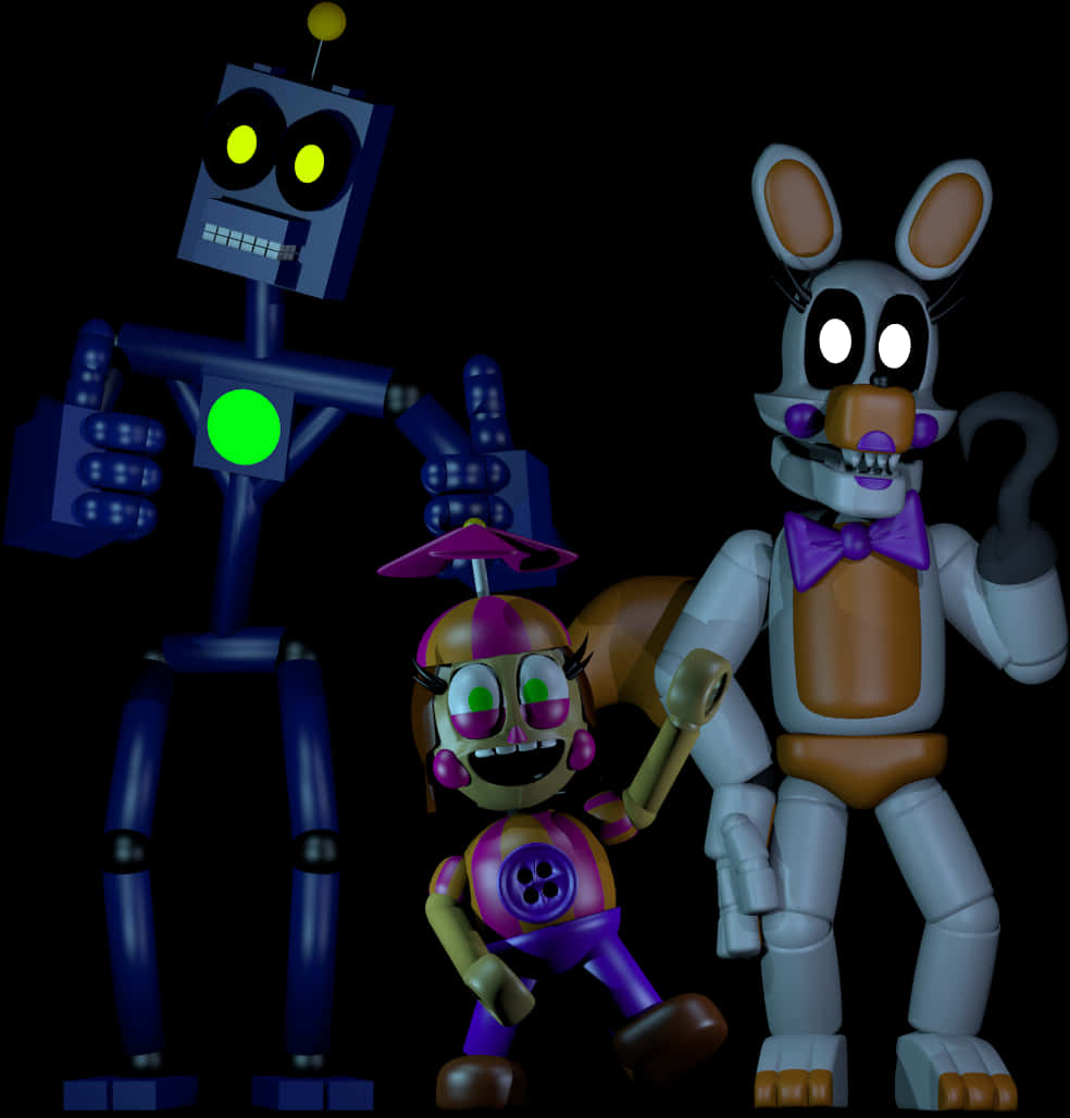 FNAF 動態人偶群像 壁紙 — Five Nights at Freddy's 中的三個電子動畫角色站在黑色背景前，眼睛發光，帶有彩色點綴。