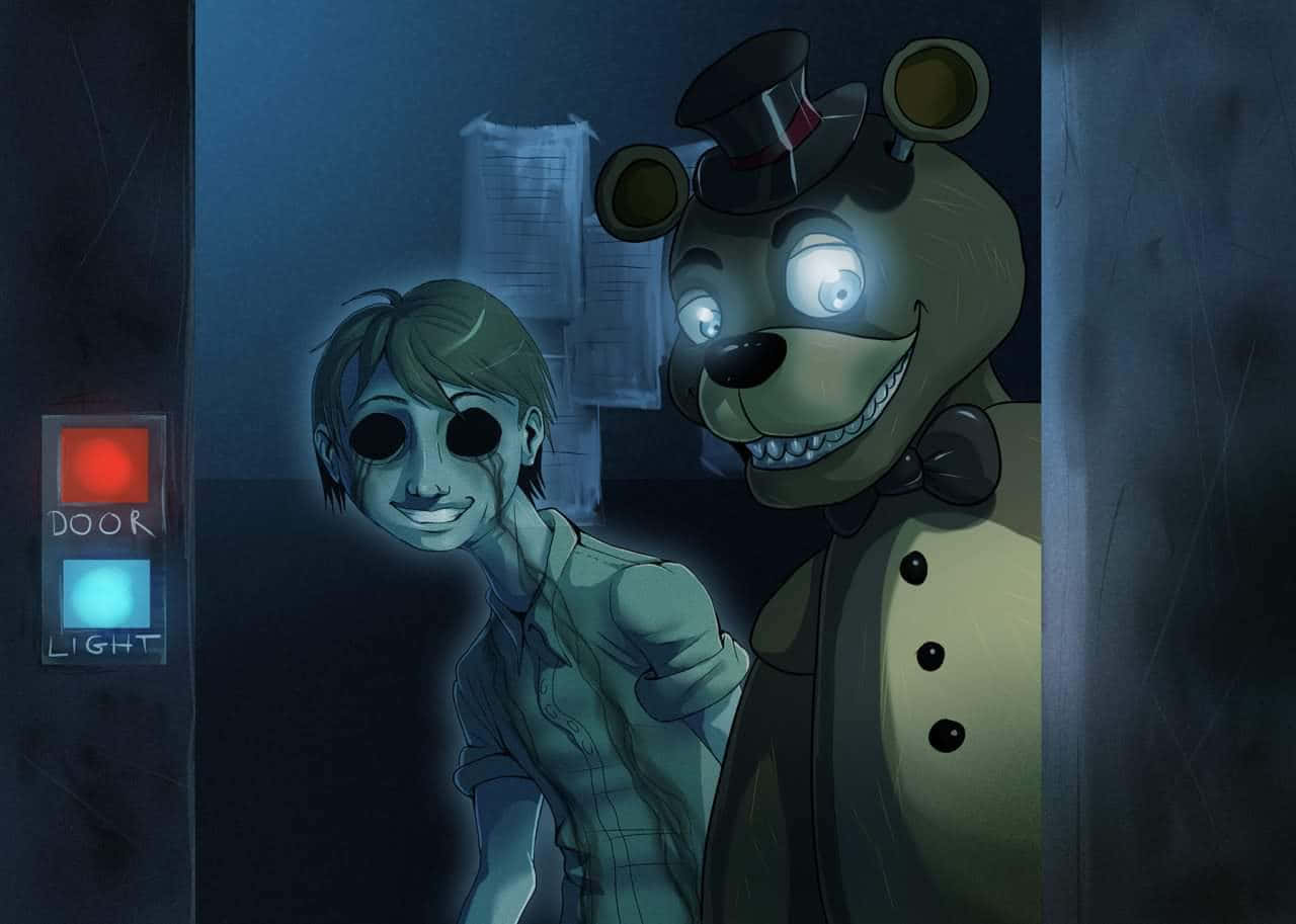 FNAF 卡通風格鬼魅圖片 壁紙 — 一個令人毛骨悚然的電子熊和一個蒼白黑眼的小孩從昏暗的走廊中窺視，走廊裡有發光的紅藍燈光。
