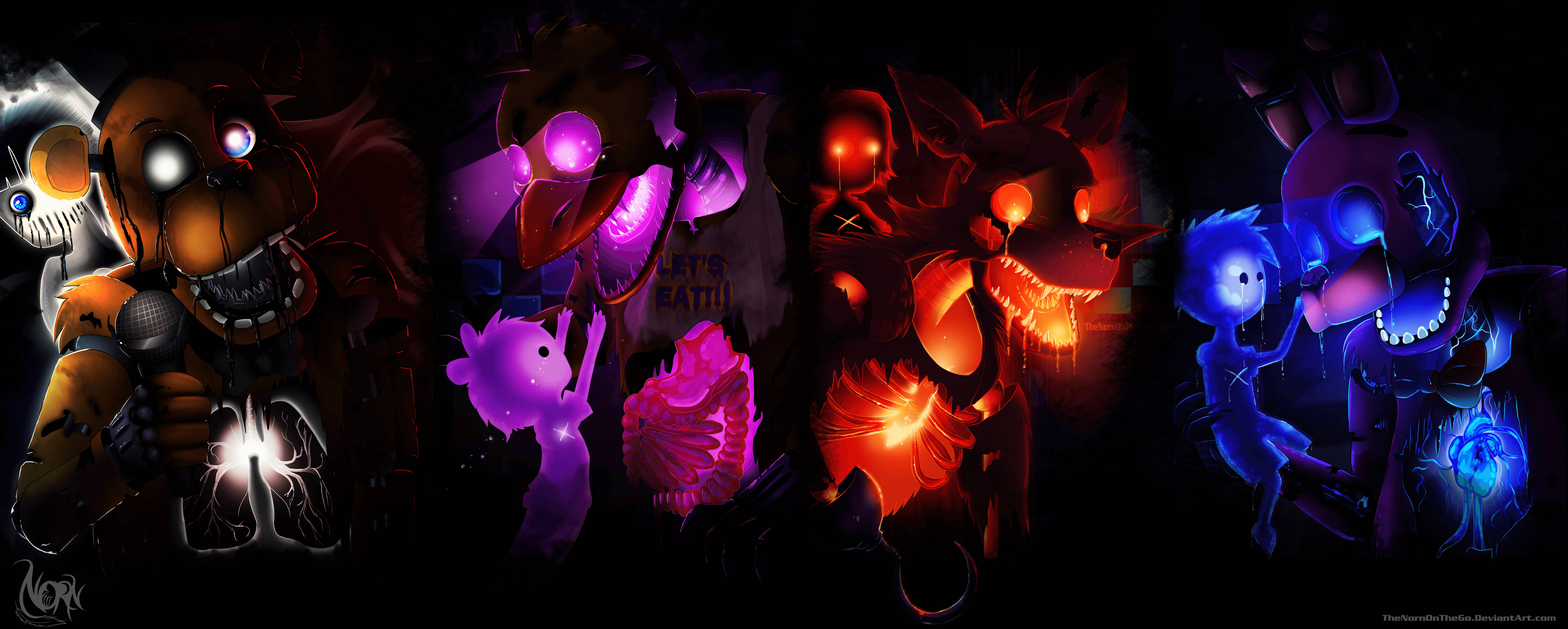 FNAF 反派紫色男孩 壁紙 — 發光的電子動畫角色，帶有威脅表情和鮮豔的霓虹燈光，背景為黑暗。
