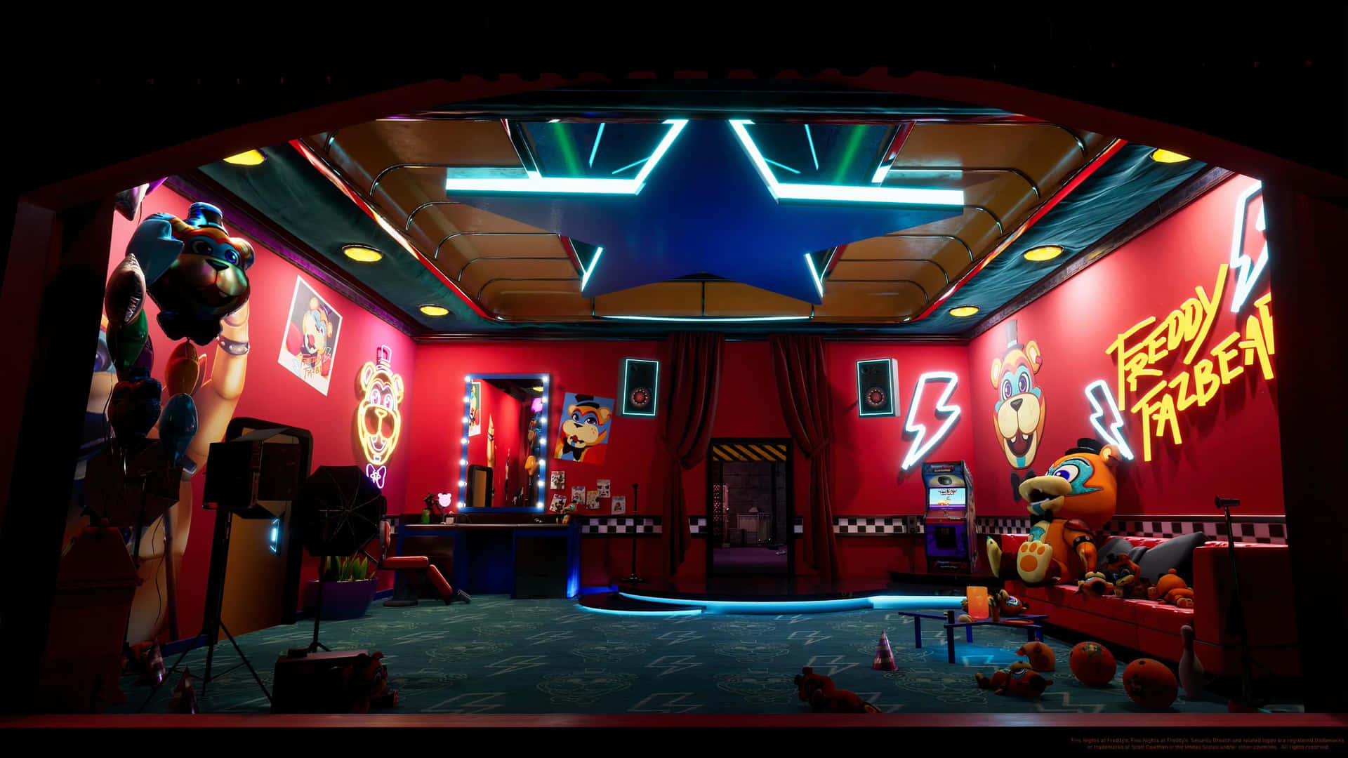 Freddy Fazbear's Pizza舞台，有動畫角色同霓虹燈。