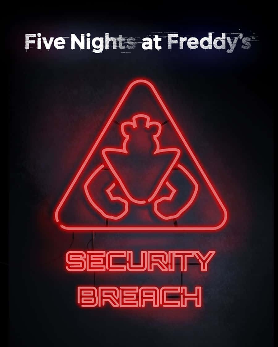 紅色霓虹燈標誌警告安全漏洞，帶有Freddy Fazbear吉祥物。