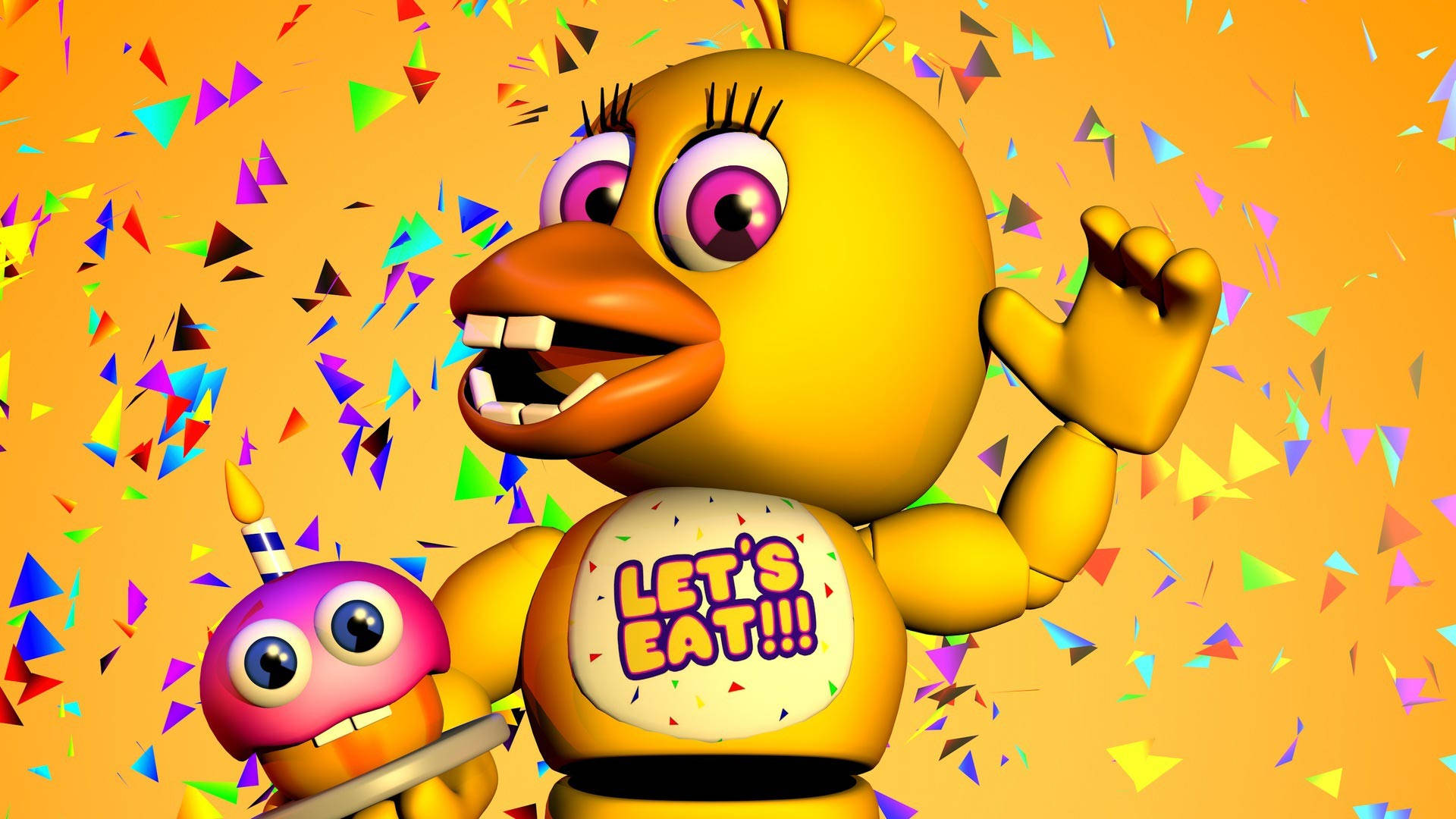 FNAF 小雞嬰兒版 壁紙 — 一隻快樂的黃色電子雞，紫色眼睛，在溫暖的橙色背景中，於飄落的五彩紙屑中揮手。