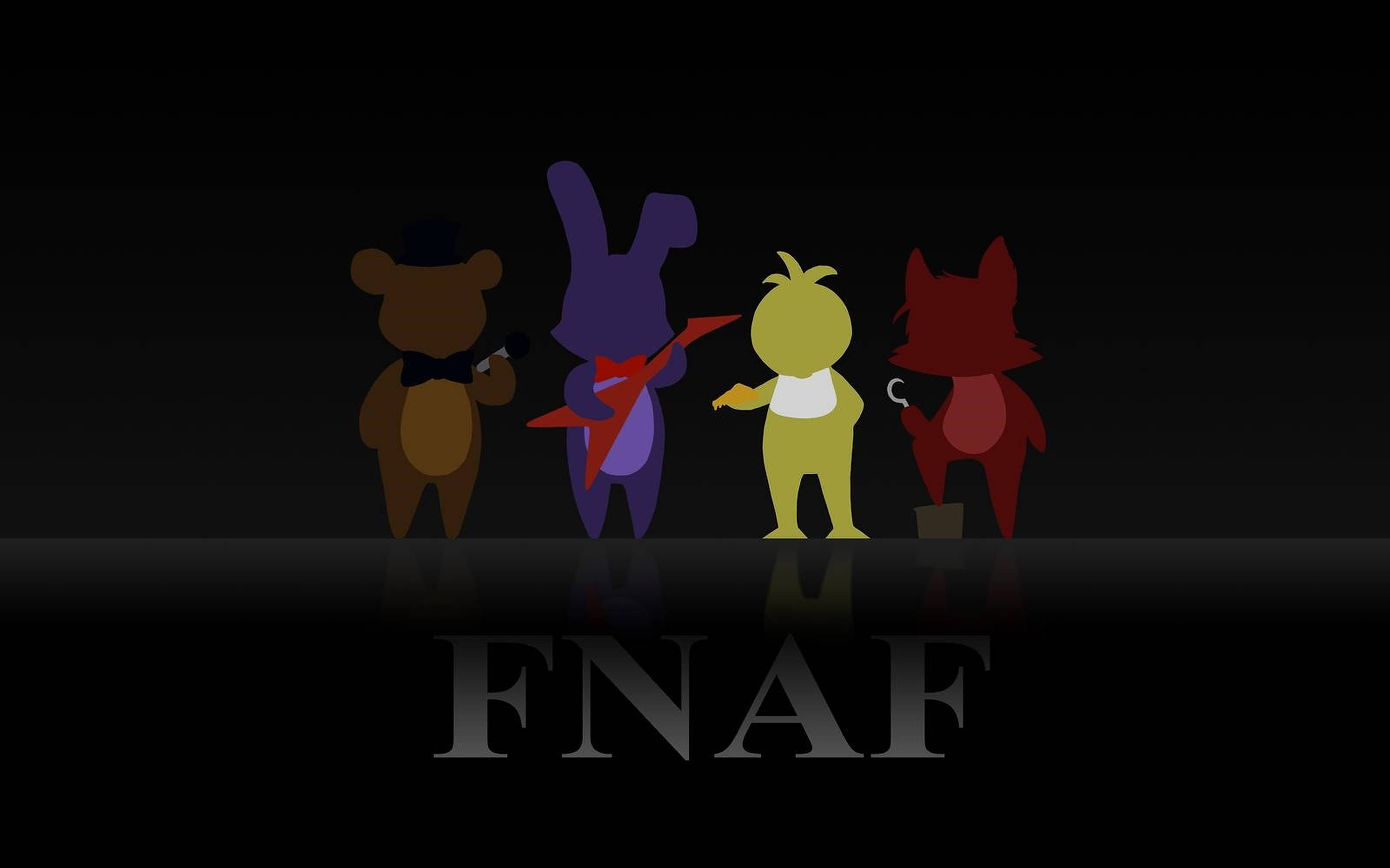 FNAF 小雞極簡藝術 壁紙 — 四個風格化的電子動畫角色以剪影形式站在深色背景前，下方反射出「FNAF」。