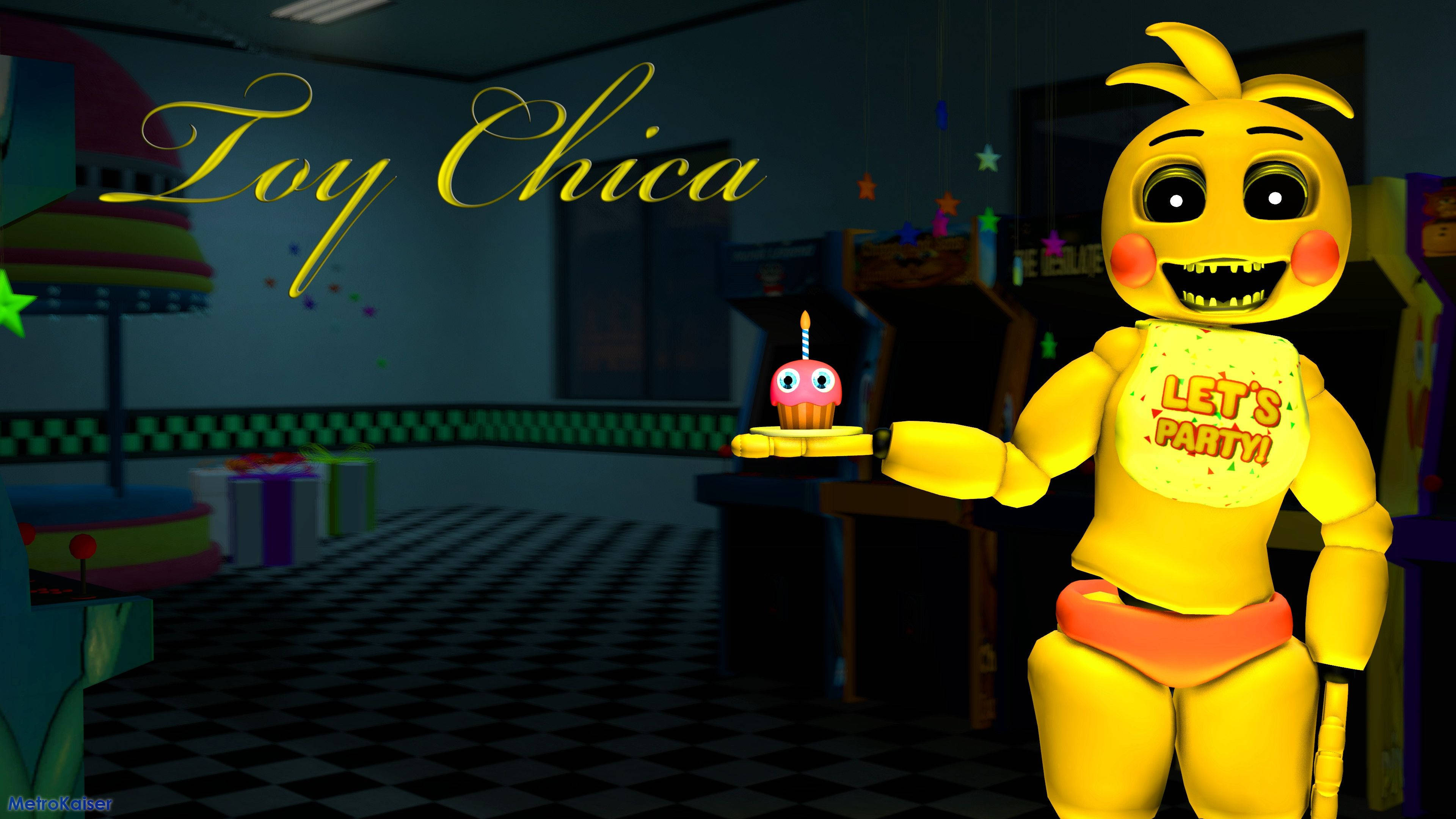 FNAF 小雞遊戲廳 壁紙 — 一隻名為 Toy Chica 的黃色電子雞在燈光昏暗的遊戲機房中拿著一個插著一根蠟燭的杯子蛋糕。