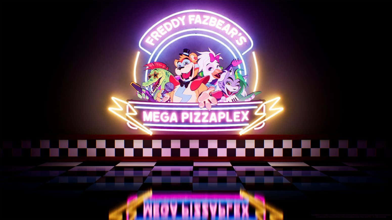 Freddy Fazbear's Mega Pizzaplex 的霓虹招牌，棋盤格地板上有卡通角色。