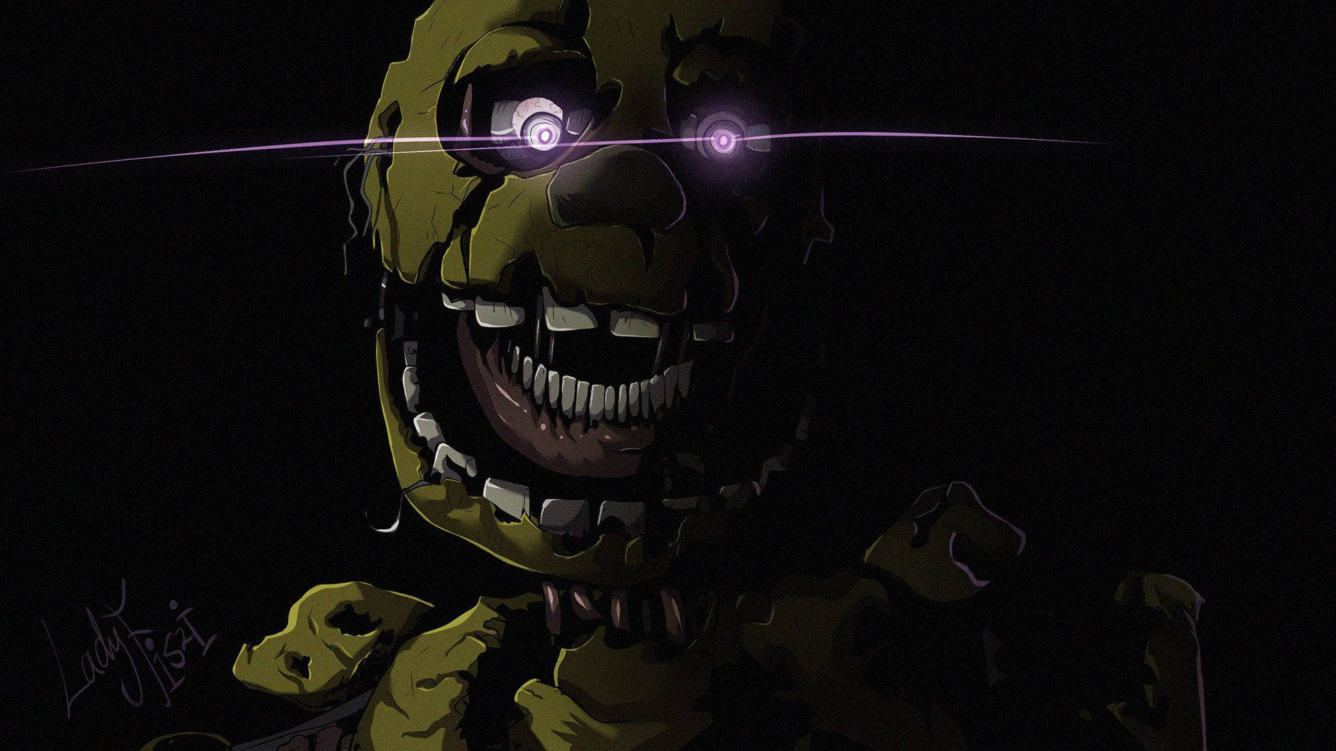 FNAF 春天陷阱紫色角色 壁紙 — 一個帶有發光紫色眼睛的威脅性黃色電子動畫，在黑色背景下強烈凝視。