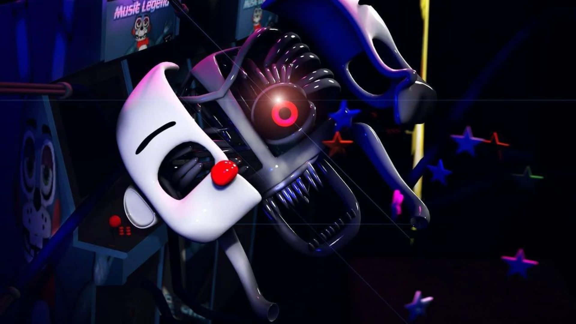 《FNAF》機械人在黑暗中潛伏 壁紙 — 一個帶有發光紅眼和尖銳牙齒的威脅性機械電子動畫，在一個由霓虹星和藍色燈光照亮的黑暗舞台上若隱若現。