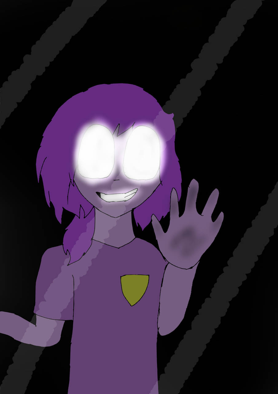 FNAF 紫色男孩數位素描 壁紙 — 一個紫色頭髮、發光白色眼睛的動漫角色，在帶有對角線條的黑暗背景上愉快地揮手。