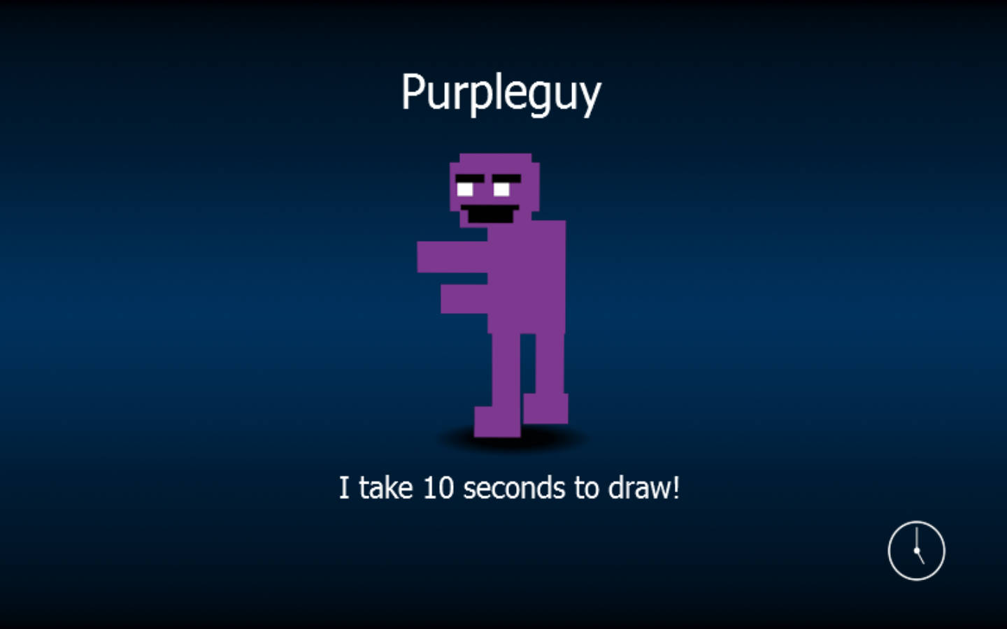 FNAF 紫色男孩載入畫面 壁紙 — 一個名為 Purpleguy 的像素化紫色角色站在深藍色漸變背景前，文字聲稱繪製它需要 10 秒。