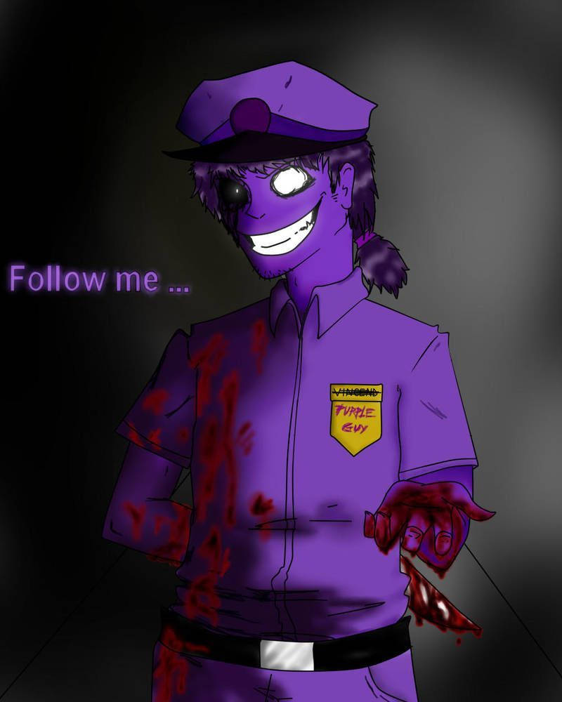 FNAF 紫色男孩邀你跟隨 壁紙 — 一個穿著沾滿血跡的制服、有一隻發光的眼睛和邪惡笑容的威脅性紫色卡通角色。