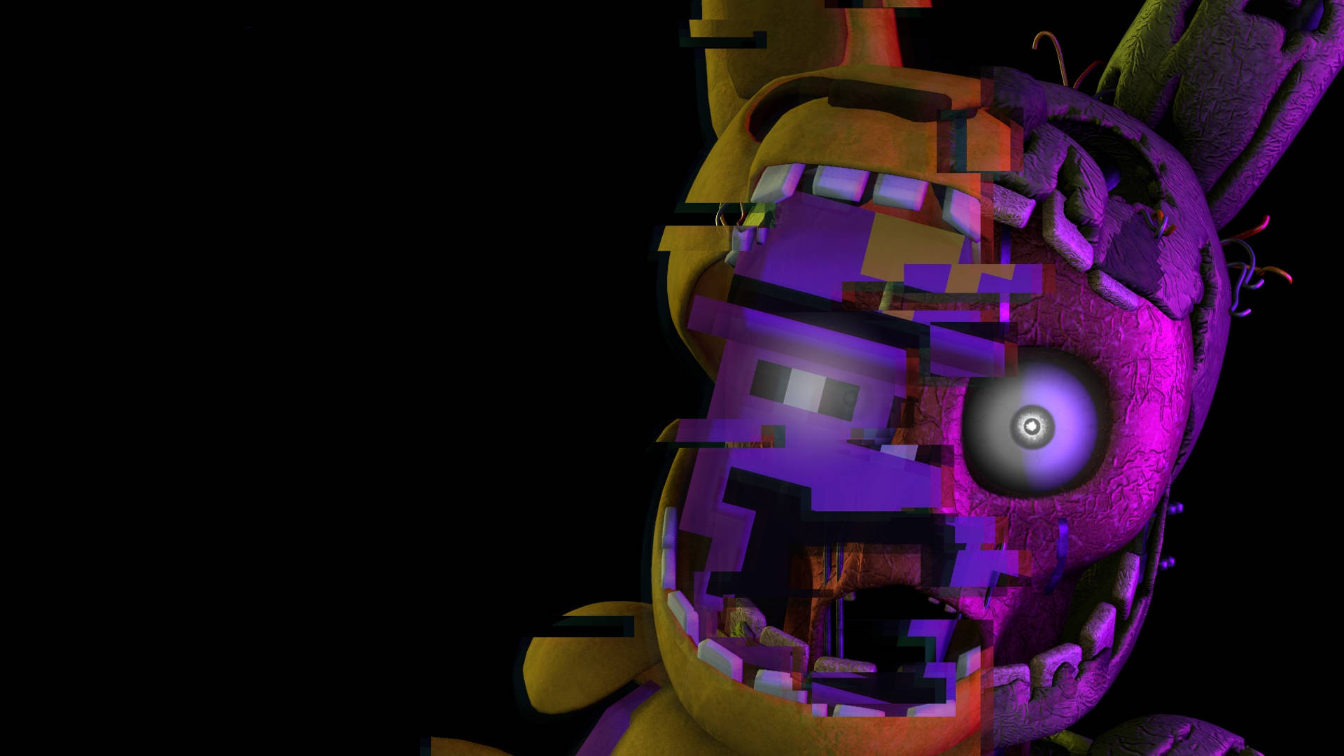 FNAF 紫色角色 3D 動態模型 壁紙 — 一個帶有故障效果的紫色和黃色電子動畫角色，在黑色背景上有一隻發光的眼睛。