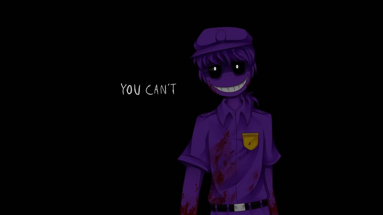 FNAF 紫色角色 殺人反派 壁紙 — 一個紫色卡通角色，身穿沾滿血跡的制服，咧嘴大笑，眼睛發光，背景為黑色並帶有文字。