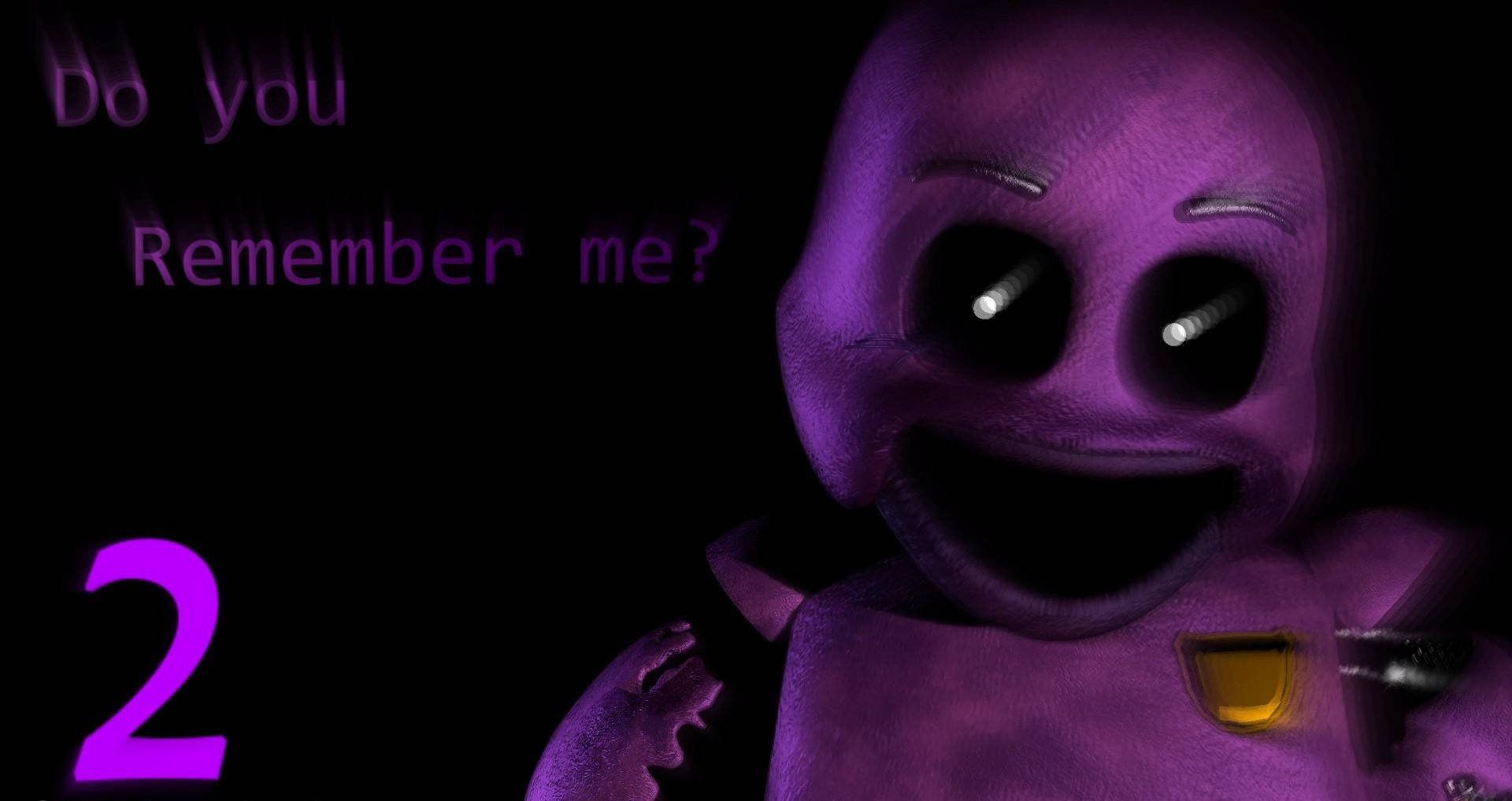 FNAF 紫色角色動態人偶 壁紙 — 一個帶有發光眼睛和咧嘴笑的威脅性紫色電子動畫，在黑色背景上凝視，上面有文字「你還記得我嗎？」和一個發光的數字2。