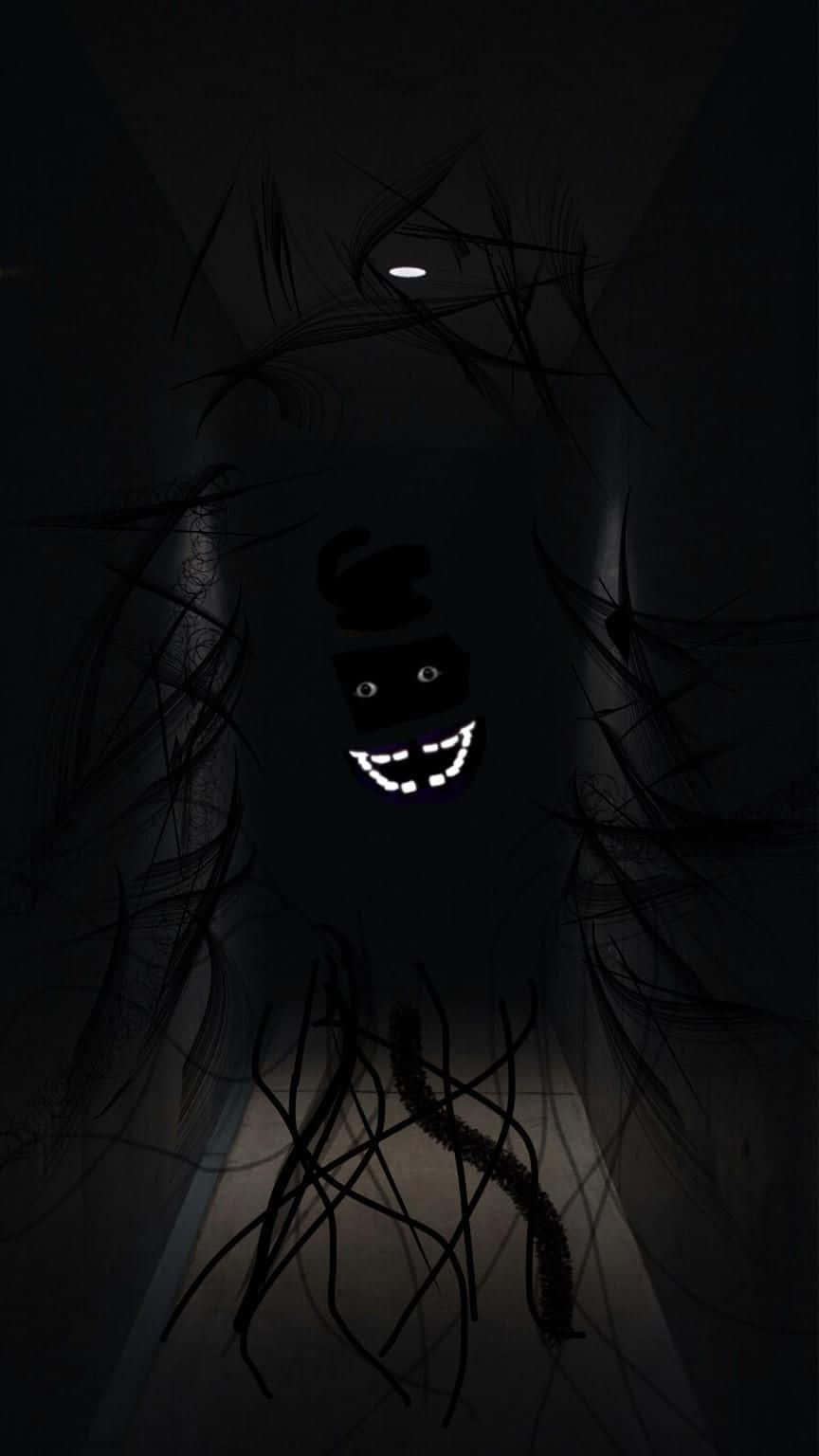 FNAF 鬼魅走廊圖片 壁紙 — 一個發光嘅牙齒臉孔帶住狂野嘅黑色觸手，喺單一天花板燈下從黑暗走廊中出現。