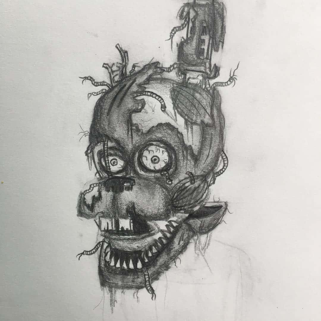 FNAF 鬼魅鉛筆畫 壁紙 — 一個腐爛的電子動畫頭部的怪誕鉛筆素描，眼睛凸出，蠕蟲從其肉體中扭動而出。