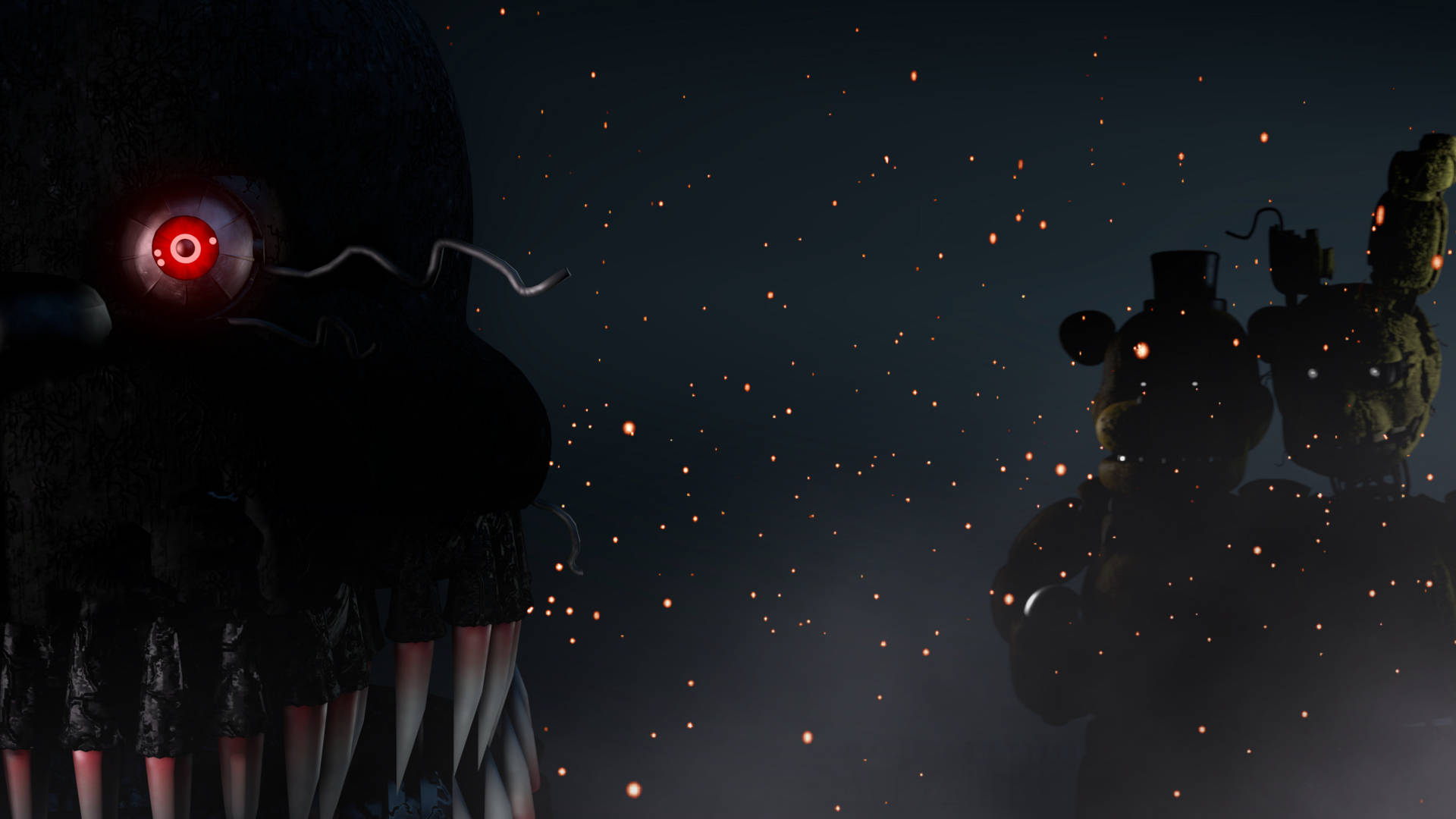 夜魘弗雷迪FNAF4 壁紙 — 兩個帶有發光紅眼和尖銳牙齒的威脅性電子動畫人物站在一個黑暗、充滿粒子的虛空中。