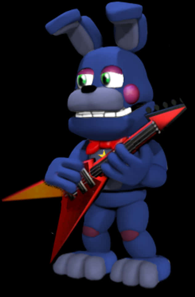 FNAF系列角色Bonnie持電吉他3D渲染 壁紙 — 一隻藍色電子兔，綠色眼睛，戴紅色蝴蝶結，手持紅色電結他，背景為黑色。