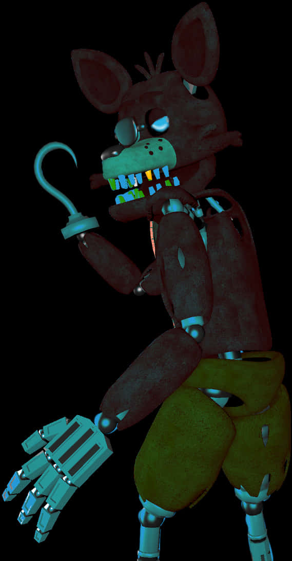 FNAF系列角色Foxy 3D渲染 壁紙 — 一隻帶有發光眼睛和鉤手的威脅性電子狐狸站在黑色背景前。