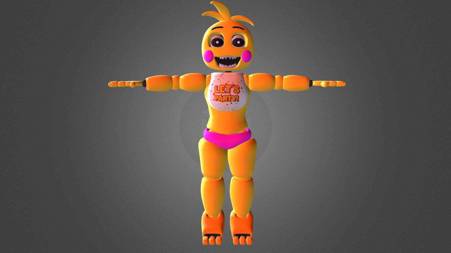 FNAF奇卡T字姿勢 壁紙 — 一隻鮮橙色嘅機械雞，帶有粉紅色點綴，著住一件「Let's Party!」T恤，企喺灰色漸變背景前面。