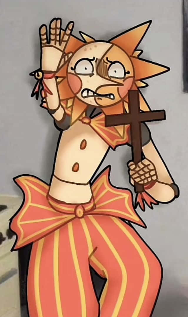 FNAF中的Sundrop手持十字架 壁紙 — 一個動漫風格的太陽角色，有著尖刺的橙色頭髮和一個十字架，一邊揮手一邊做鬼臉，另一隻手則握著。