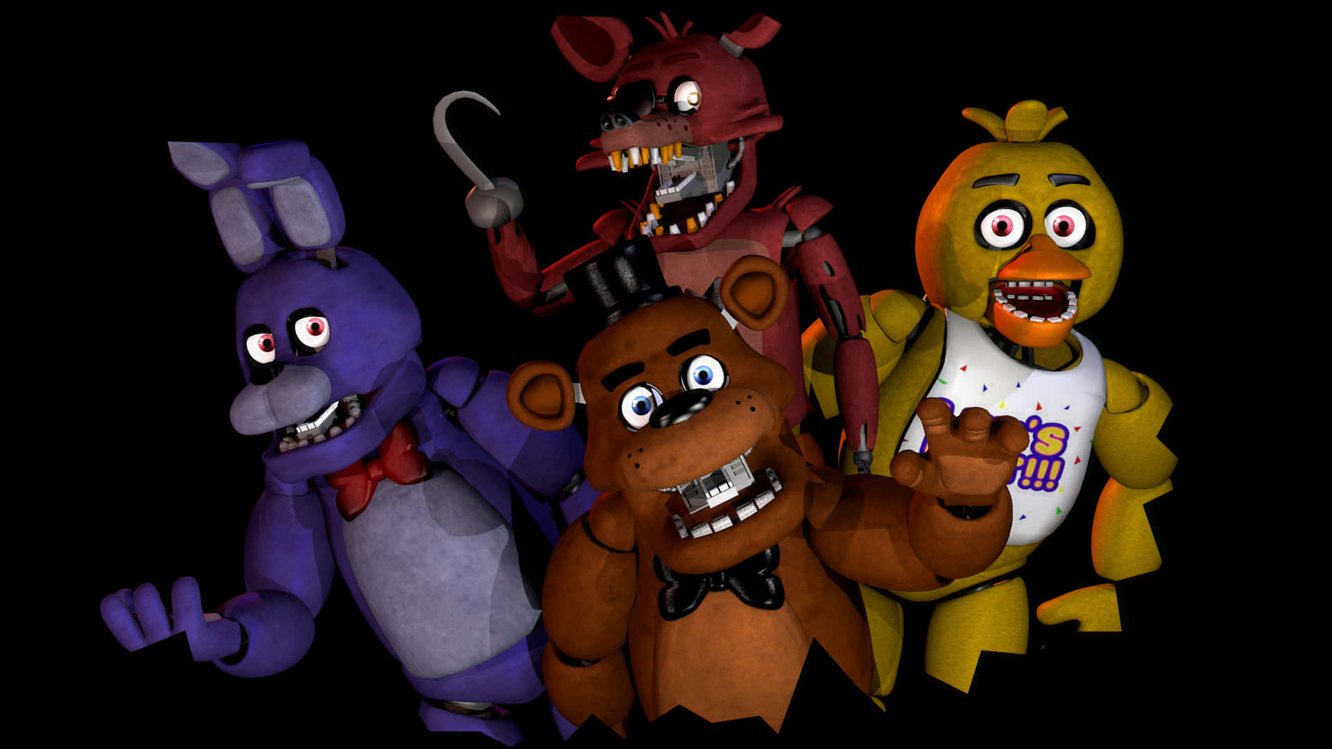 《Five Nights at Freddy's》中的四個恐怖機械人角色，背景為黑色。