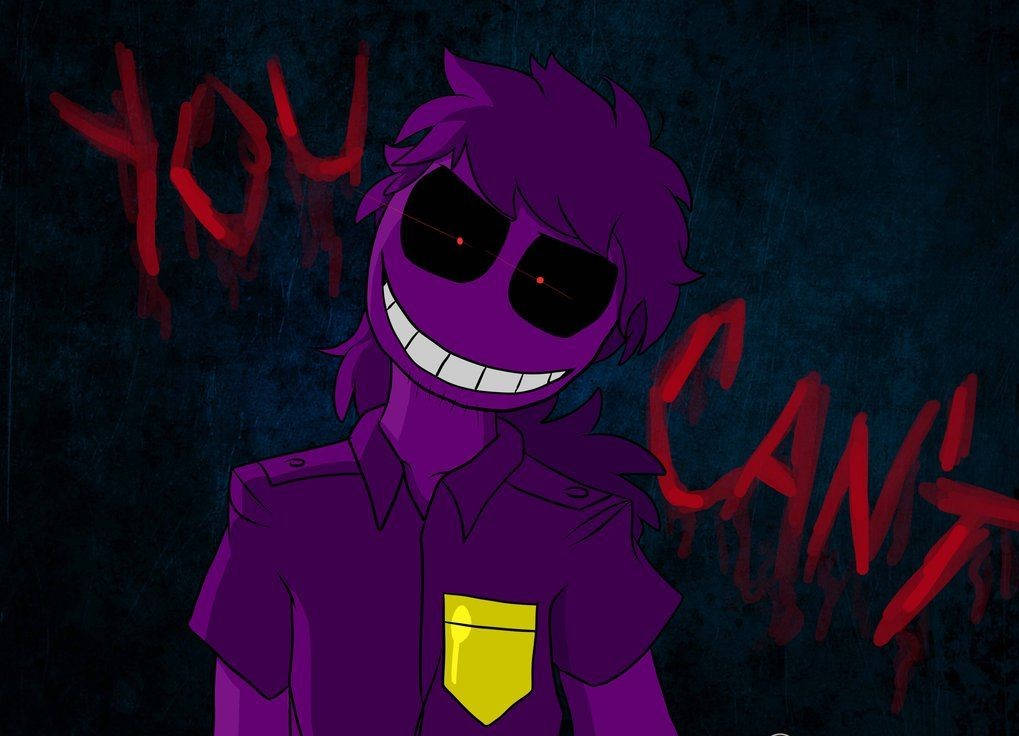 FNAF紫色角色歪頭 壁紙 — 一個帶有發光紅眼和咧嘴笑的紫色卡通角色，站在寫有紅色塗鴉 'YOU CAN'T' 的黑暗牆前。
